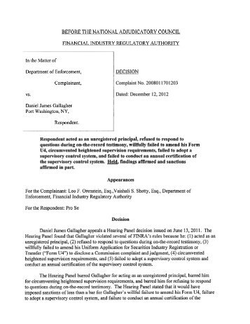 NAC Disciplinary Decision Complaint No. 2008011701203 - finra