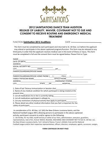 2012 saintsations dance team audition release of liability, waiver ...
