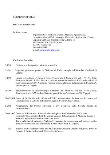 CURRICULUM VITAE Dott.ssa Veronica Vella Indirizzo ... - Medicina