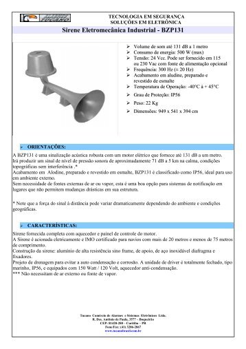 Sirene EletromecÃ¢nica Industrial - BZP131 - Alarmes Tucano