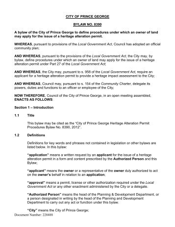 Heritage Alteration Permit Procedures Bylaw - City of Prince George