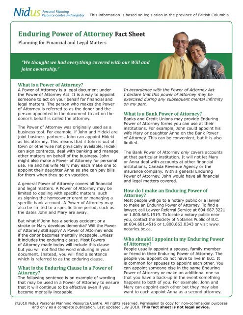 Enduring Power of Attorney Fact Sheet - Nidus Personal Planning ...