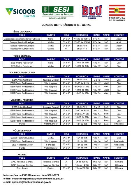 QUADRO DE HORÁRIOS 2013