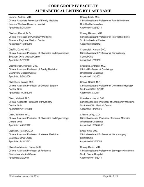 Alphabetical Listing by last name of current CORE Group IV Faculty