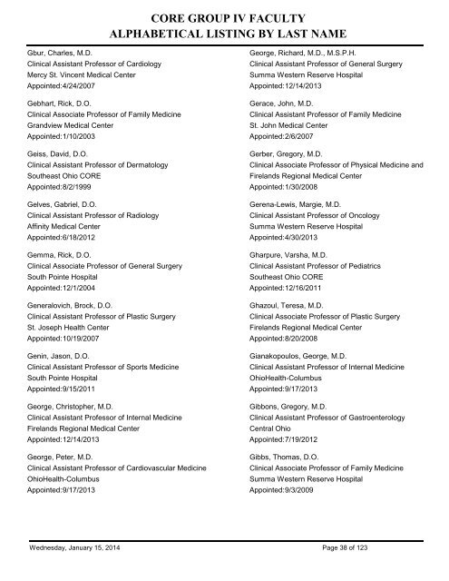 Alphabetical Listing by last name of current CORE Group IV Faculty