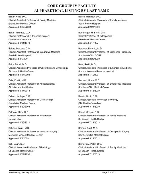 Alphabetical Listing by last name of current CORE Group IV Faculty