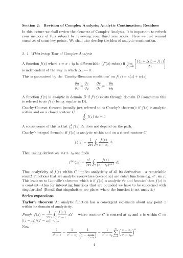 Section 2: Revision of Complex Analysis; Analytic Continuation ...