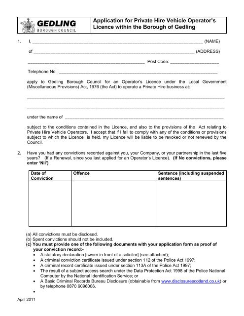 Taxi Operator Licence Application form - Gedling Borough Council