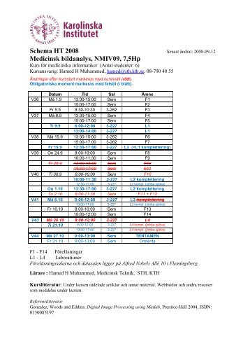 Schema HT 2008 Medicinsk bildanalys, NMIV09, 7,5Hp - KTH