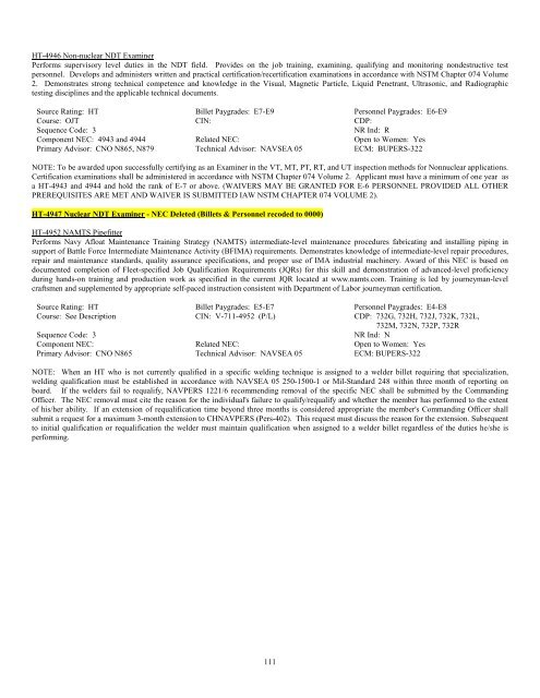 Personal Classifications HT-4946 Non-nuclear NDT E