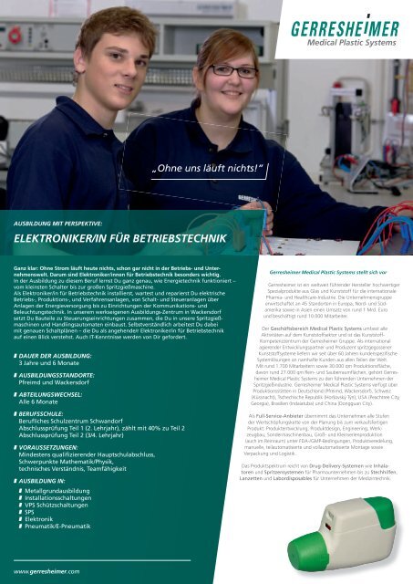 ELEKTRONIKER/IN FÜR BETRIEBSTECHNIK - Gerresheimer