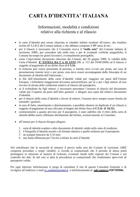CARTA D'IDENTITA' ITALIANA - Consolato generale d'Italia a Metz