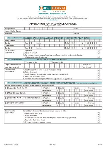 APPLICATION FOR INSURANCE CHANGES.cdr - IDBI Federal Life ...