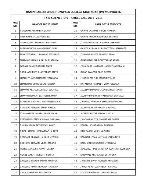 a roll call 2012- 2013 - ramniranjan jhunjhunwala college