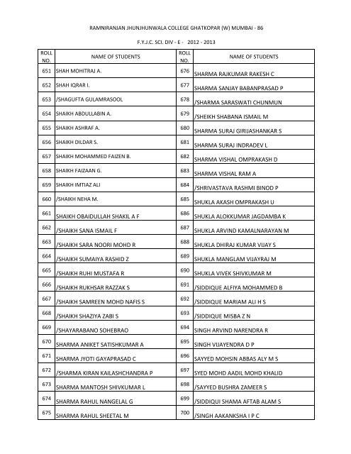 a roll call 2012- 2013 - ramniranjan jhunjhunwala college