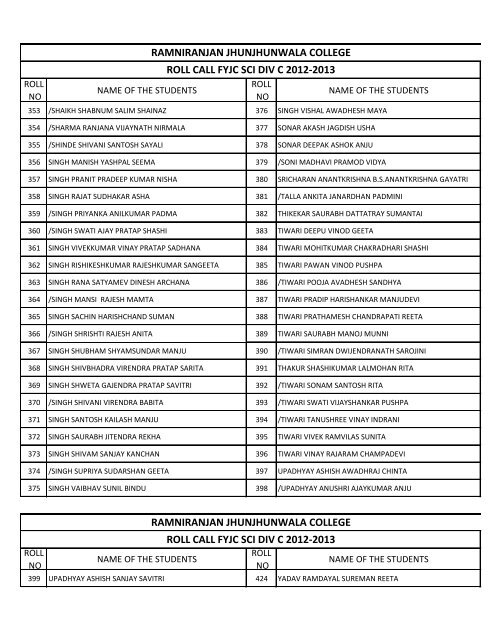 a roll call 2012- 2013 - ramniranjan jhunjhunwala college