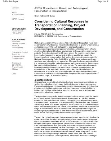 Considering Cultural Resources in Transportation Planning, Project ...