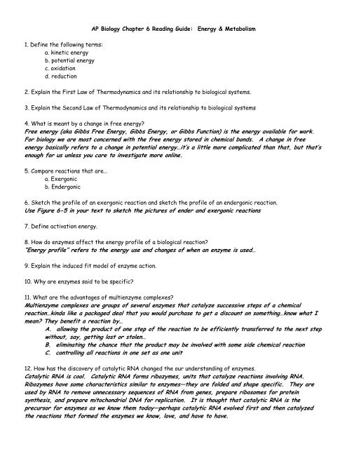 AP Biology Chapter 6 Reading Guide: Energy & Metabolism 1 ...