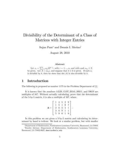 Divisibility of the Determinant of a Class of Matrices ... - MAA Sections