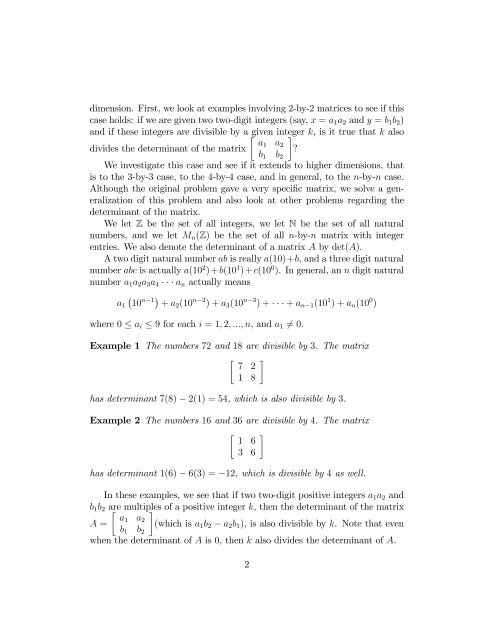 Divisibility of the Determinant of a Class of Matrices ... - MAA Sections
