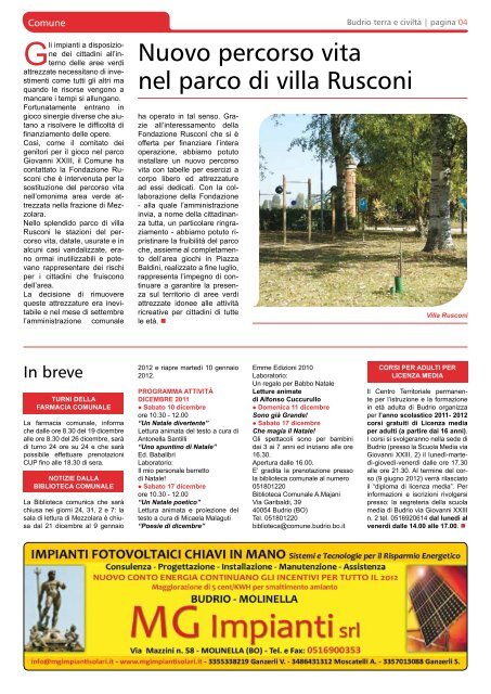 Notiziario comunale del mese dicembre 2011 - Comune di Budrio