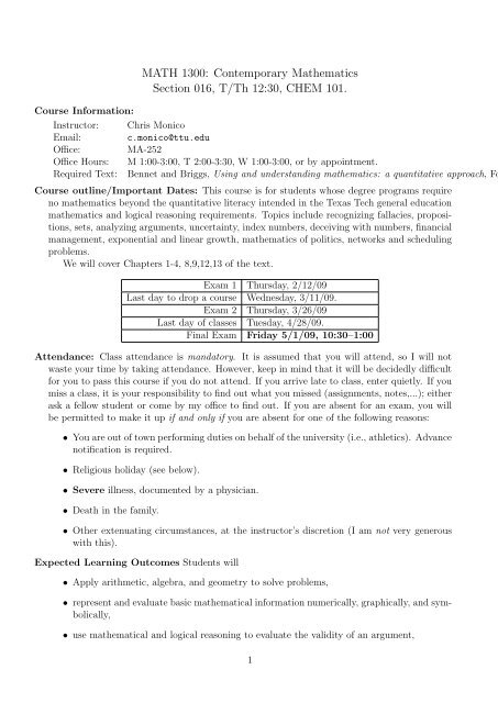 MATH 1300: Contemporary Mathematics Section 016, T/Th 12:30
