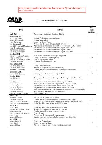 Calendrier scolaire 2011-2012 - CSAP