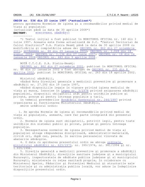 snowman Electronic Systematically ORDIN nr. 536 din 23 iunie 1997 (*actualizat*) pentru aprobarea ...