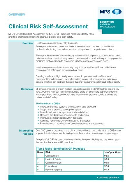 Clinical Risk Self-Assessment - Medical Protection Society