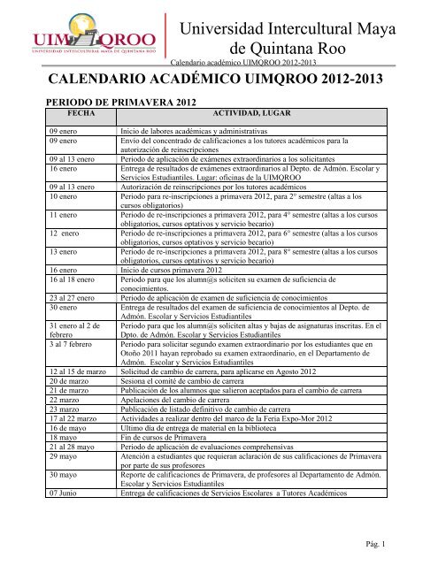 calendario académico uimqroo 2012-2013