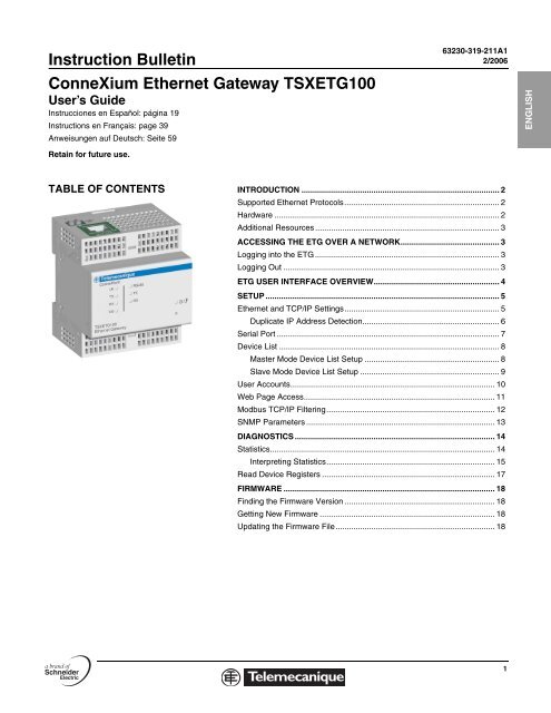 Ethernet Gateway TSXETG100 User's Guide - error