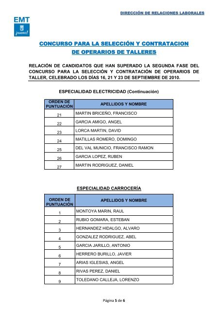 CONCURSO PARA LA SELECCIÃN Y CONTRATACION DE ... - EMT