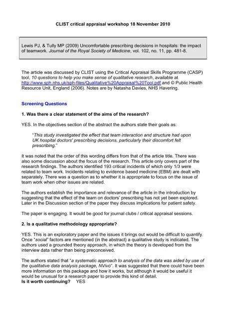 Example Critical Appraisal Write Up 2 Londonlinks