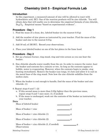 Chemistry Unit 5 - Empirical Formula Lab