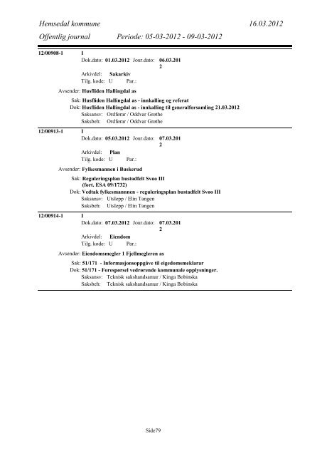 Offentleg postjournal 5. -9.3.2012 pdf - Hemsedal kommune