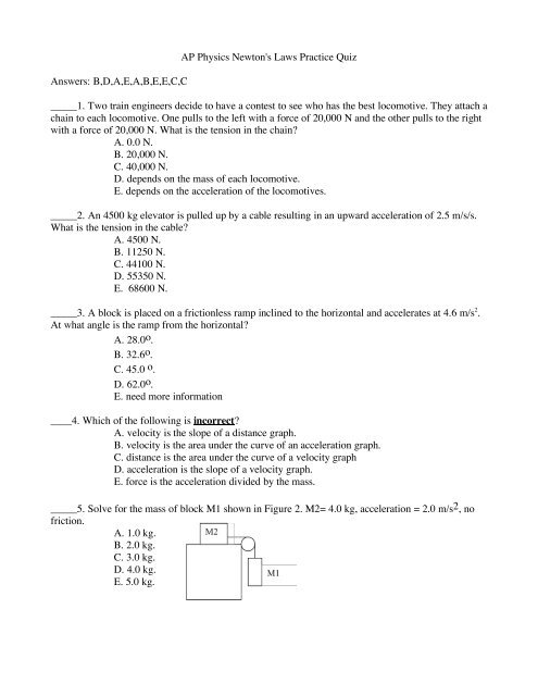 AP Physics Newton's Laws Practice Quiz Answers