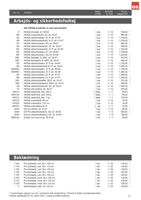 Prisliste 15. marts 2011 - OS Safetycenter