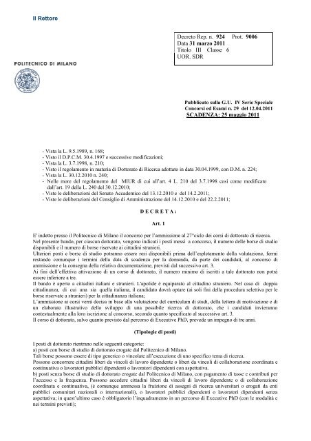 Bando XXVII ciclo - Dottorato di Ricerca - Politecnico di Milano
