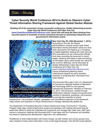Cyber Security World Conference 2014 to Build on Obama's Cyber Threat Information Sharing Framework Against Global Hacker Attacks