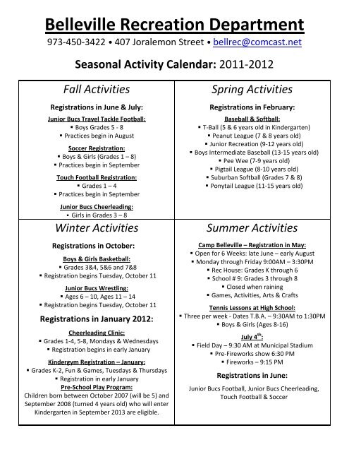 Belleville Recreation Seasonal Calendar - Belleville, NJ
