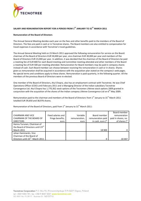 Salary and remuneration statement Q1 2011 update ... - Tecnotree