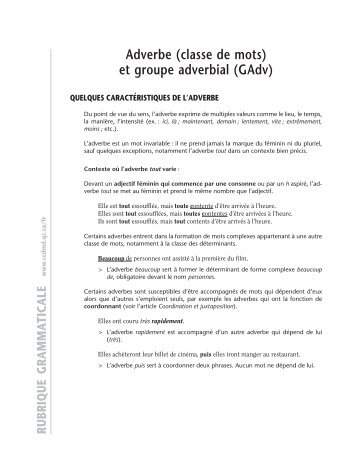 Adverbe (classe de mots) et groupe adverbial (GAdv) - ccdmd