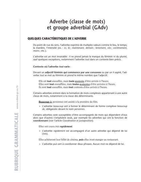 Adverbe (classe de mots) et groupe adverbial (GAdv) - ccdmd