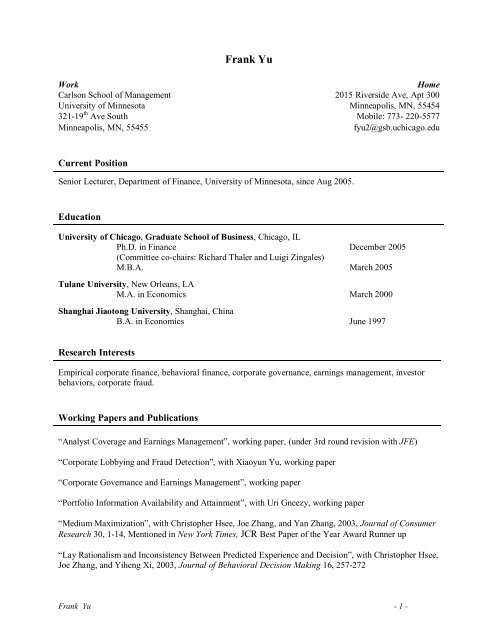 Frank Yu The University Of Chicago Booth School Of Business
