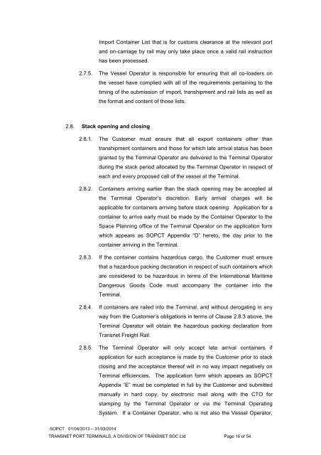 Standard Operating Procedures for Container Terminals ... - Transnet