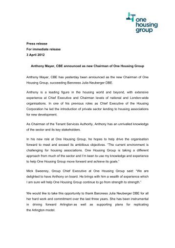 Anthony Mayer, CBE announced as new Chairman of One Housing ...