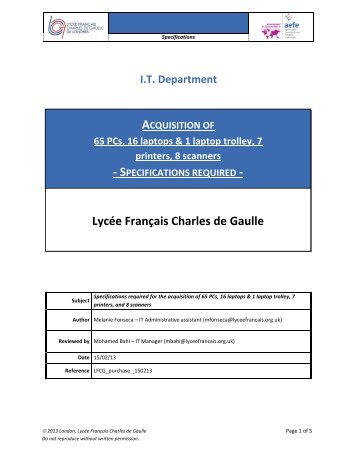 SPECIFICATIONS REQUIRED - LycÃ©e franÃ§ais Charles de Gaulle