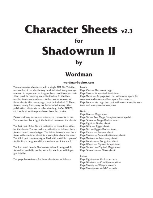 Character Sheets v2.3 for Shadowrun II by Wordman