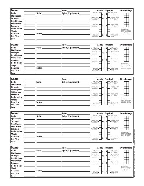Character Sheets v2.3 for Shadowrun II by Wordman