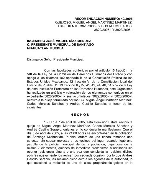 RECOMENDACIÃN NÃMERO: 40/2005 - ComisiÃ³n de Derechos ...